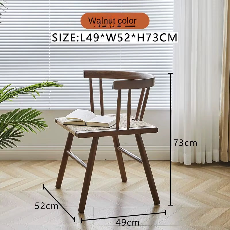 Nordic Solid Wood Dining Chair Hand-Woven Leisure Rattan Chair Living Room Reclining Chair Modern Minimalist Outdoor Back Chair