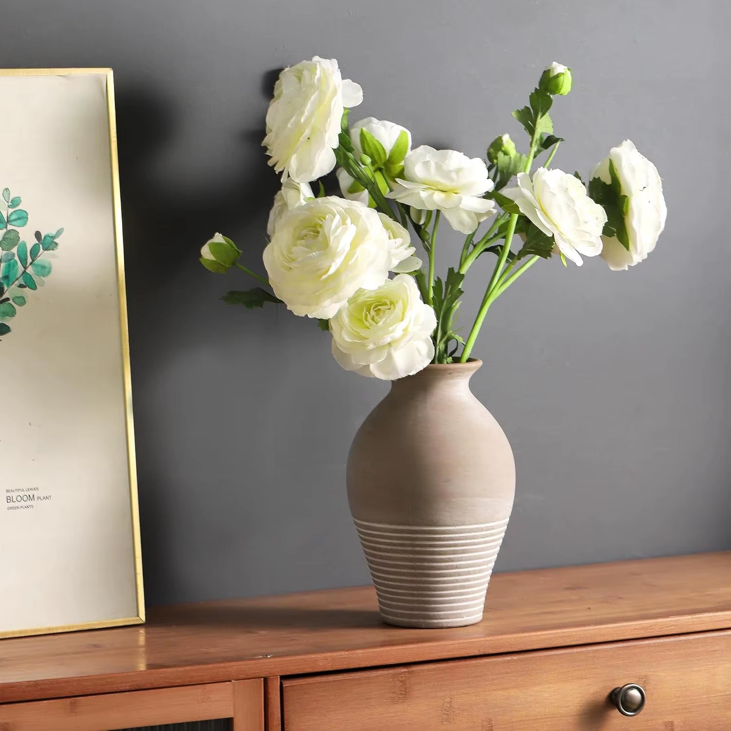 Ceramic Rustic Farmhouse Vase, 9.2 Inch Whitewashed Terracotta Vase, Pottery Decorative Flower Vases,Clay Decorative Vases For